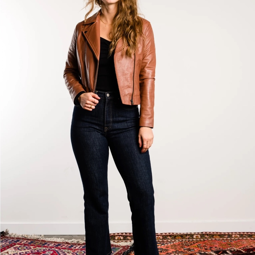Cropped Brown Leather Moto Jacket - Women
